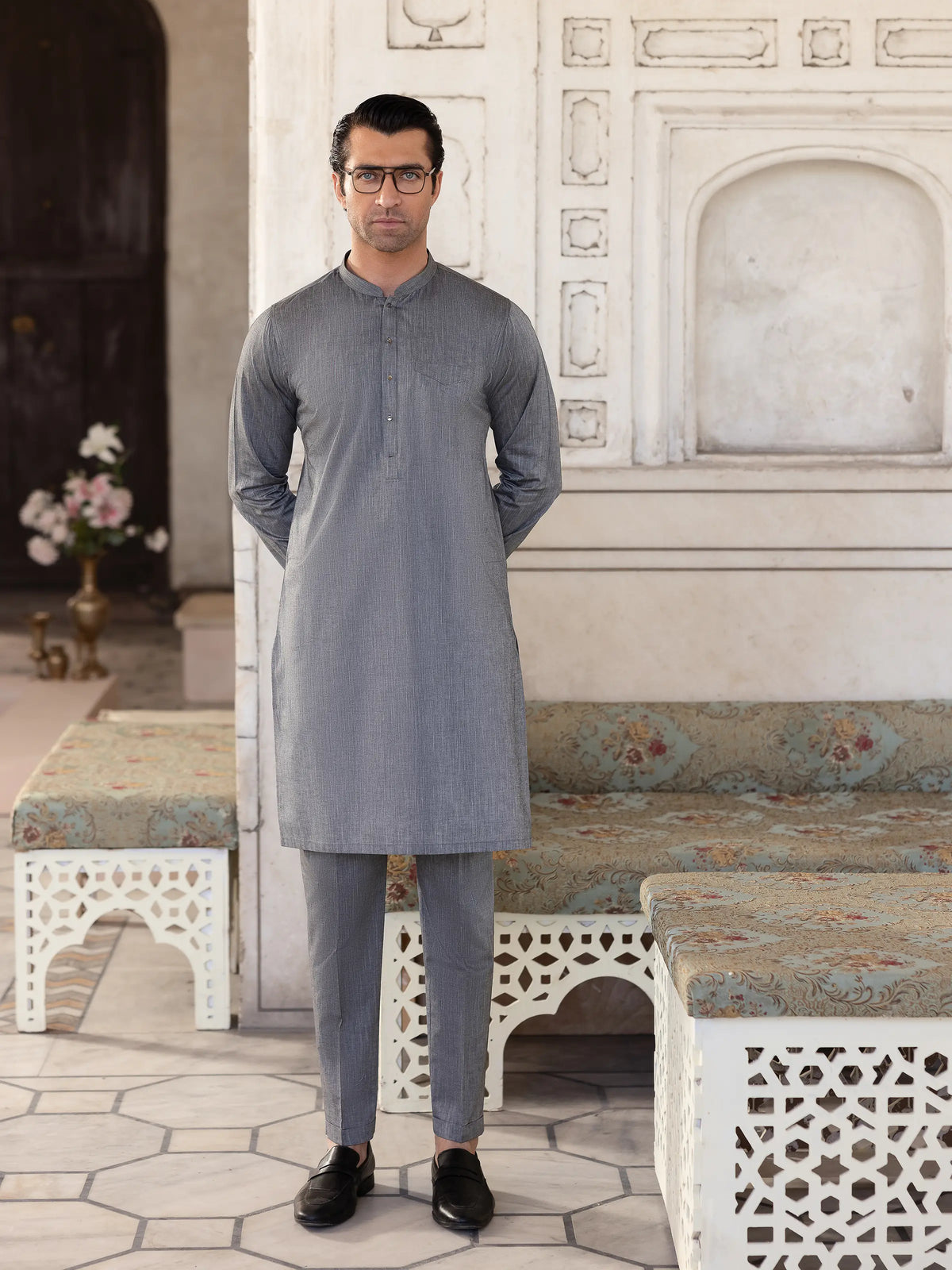 Embroidered Chambray Kurta Pajama - EMTKPT5-056