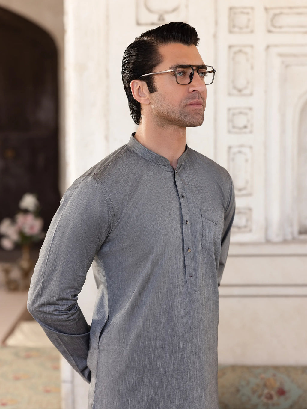Embroidered Chambray Kurta Pajama - EMTKPT5-056