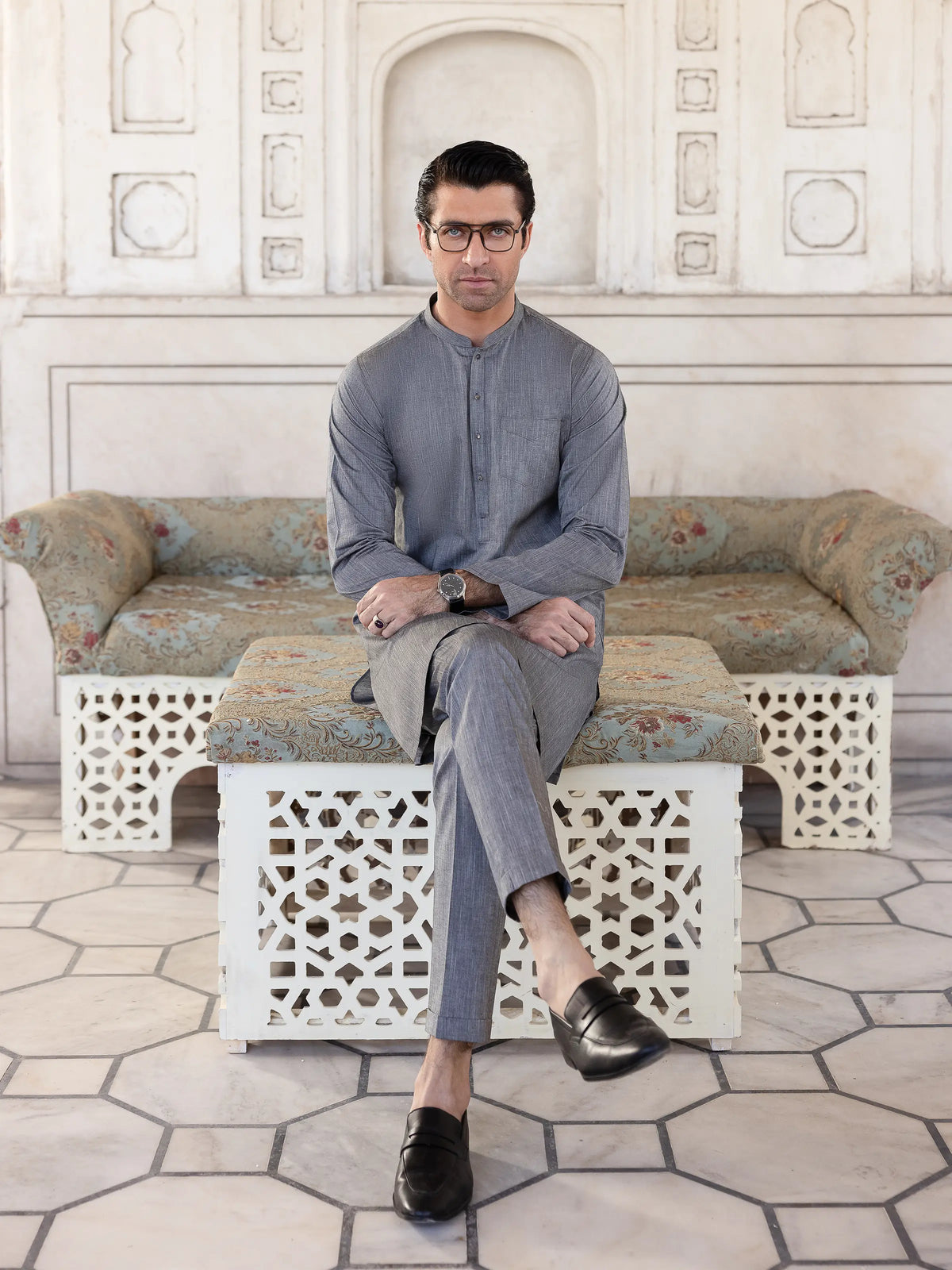 Embroidered Chambray Kurta Pajama - EMTKPT5-056