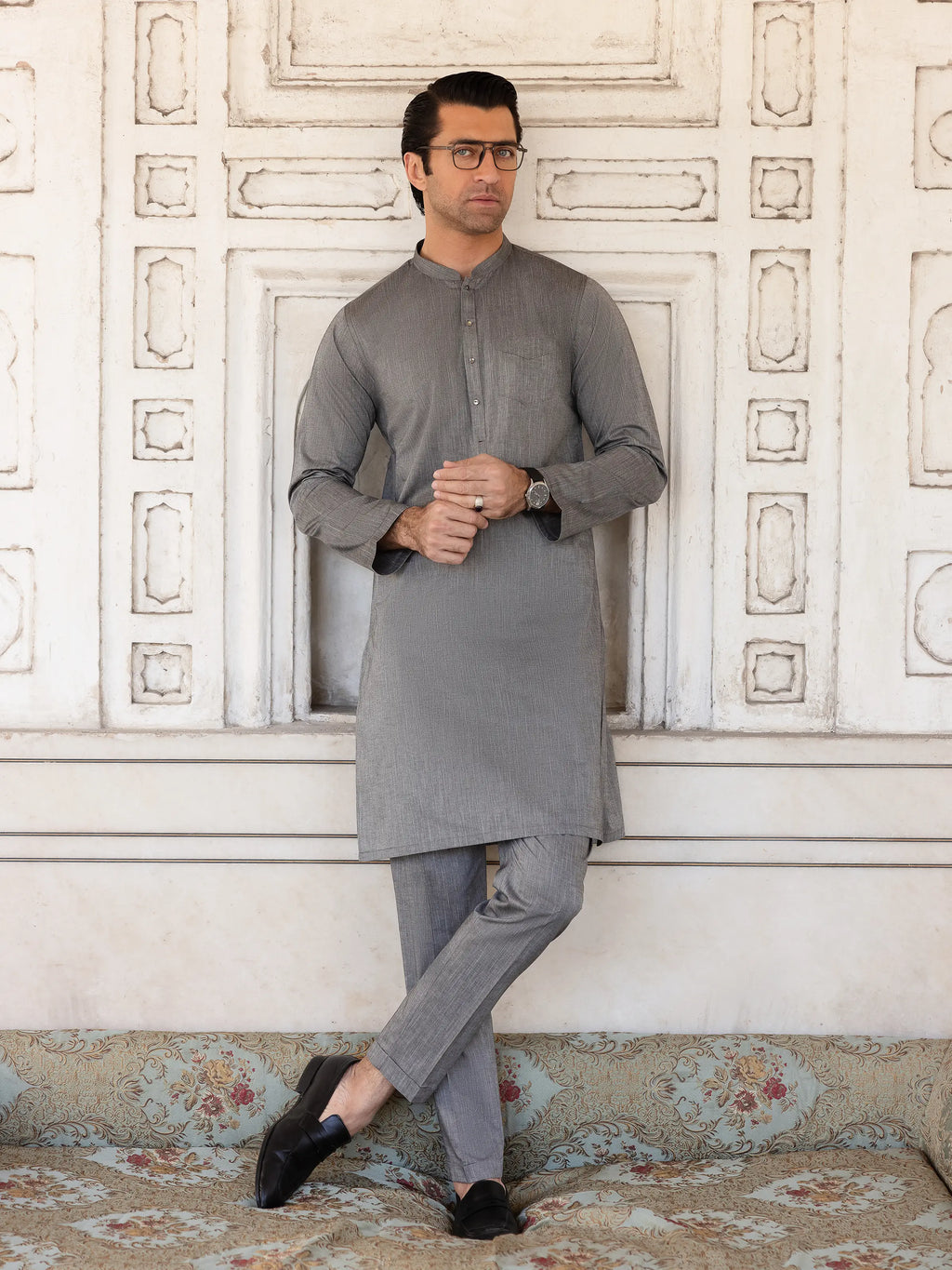 Embroidered Chambray Kurta Pajama - EMTKPT5-056