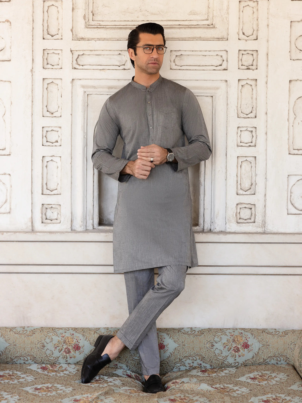 Embroidered Chambray Kurta Pajama - EMTKPT5-056