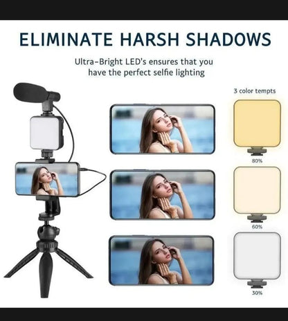 Vlogger Kit | Microphone, LED Fill Light, Mini Tripod & Mobile Holder with Remote – Complete Video Making Set for Vlogging With Bluetooth Remote