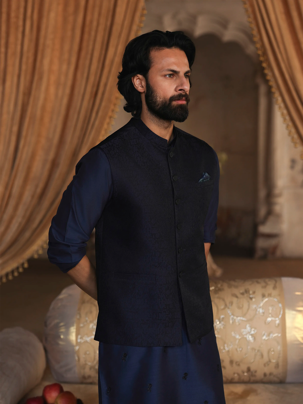 Embroidered Jamawar and Cotton Silk Waistcoat Suit - ECMTWCS5-020