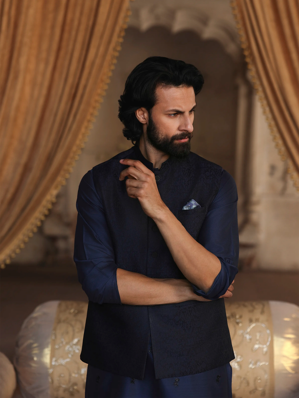 Embroidered Jamawar and Cotton Silk Waistcoat Suit - ECMTWCS5-020