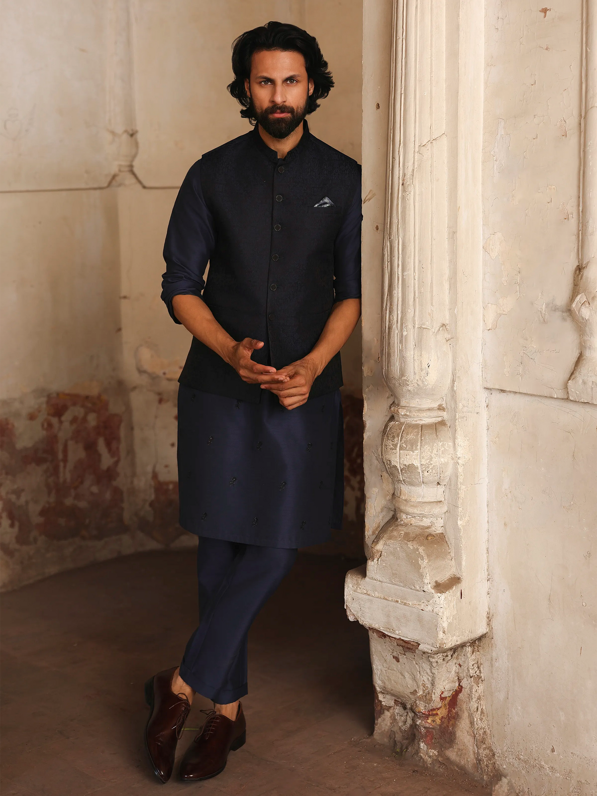 Embroidered Jamawar and Cotton Silk Waistcoat Suit - ECMTWCS5-020