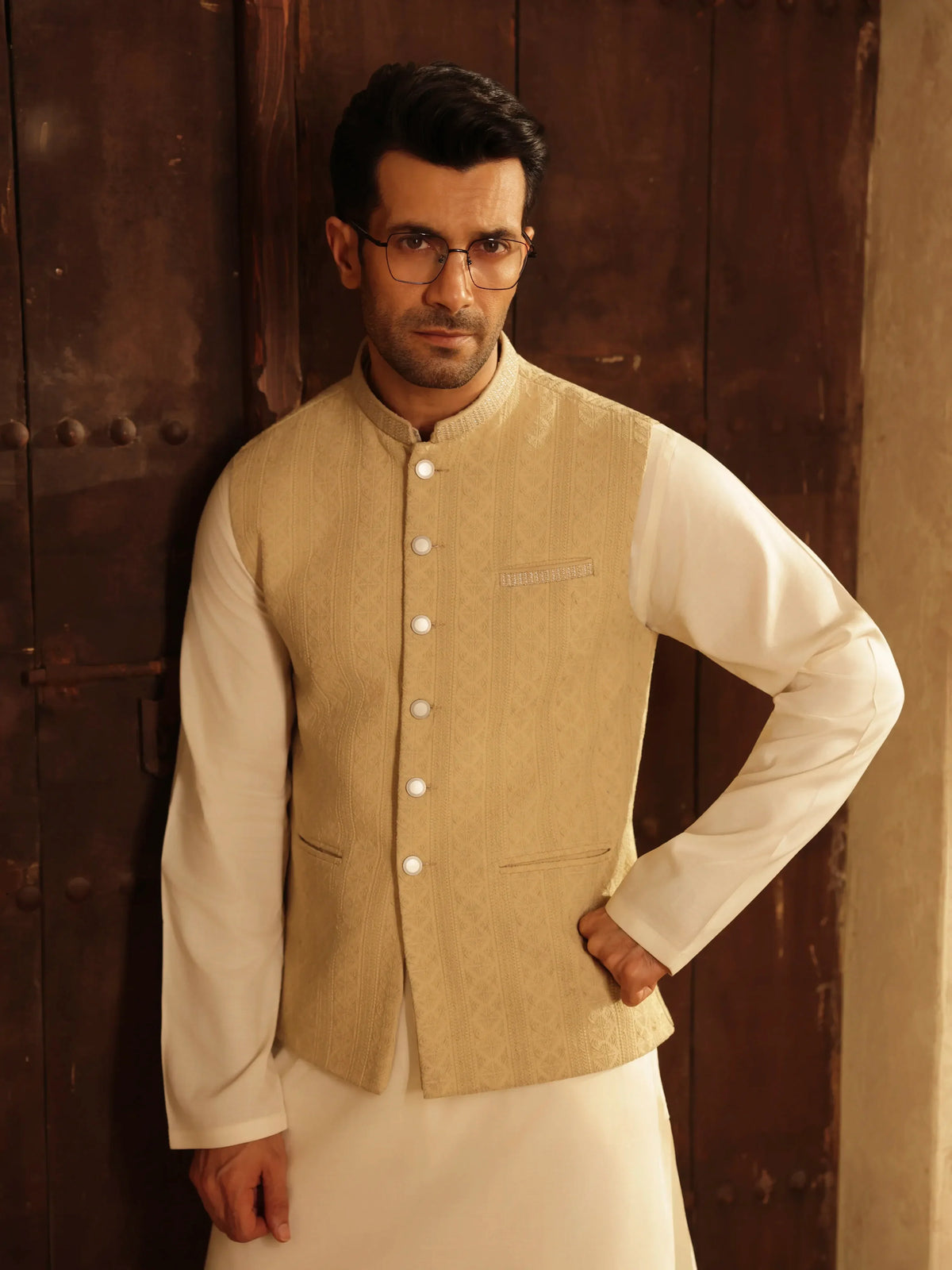 Embroidered Dobby Waistcoat Suit - ECMTWCS5-035