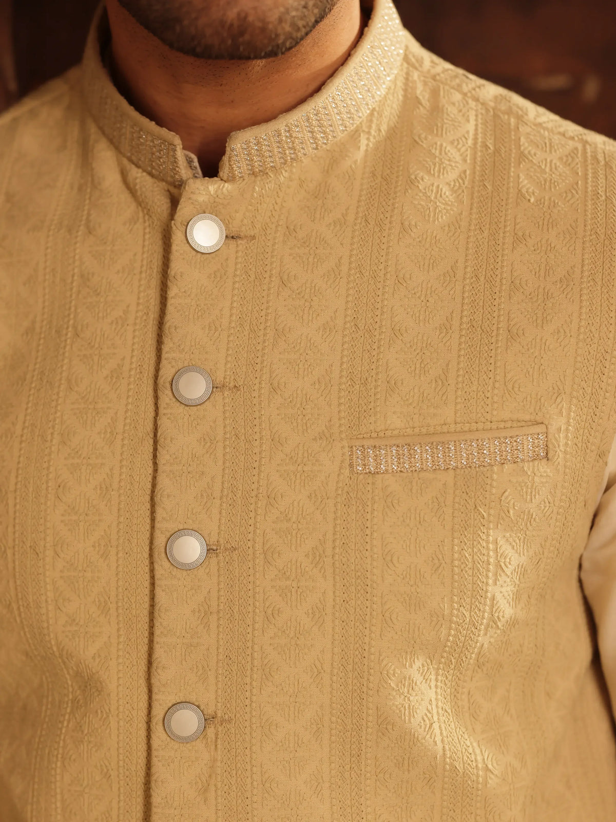 Embroidered Dobby Waistcoat Suit - ECMTWCS5-035