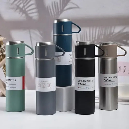 500ml Stainless Steel Vacuum Flask Water Bottle with 2 Extra Cups (160ml) – Thermal Bottle for Hot &amp; Cold Drinks – 3-Piece Travel Thermos Set - Black